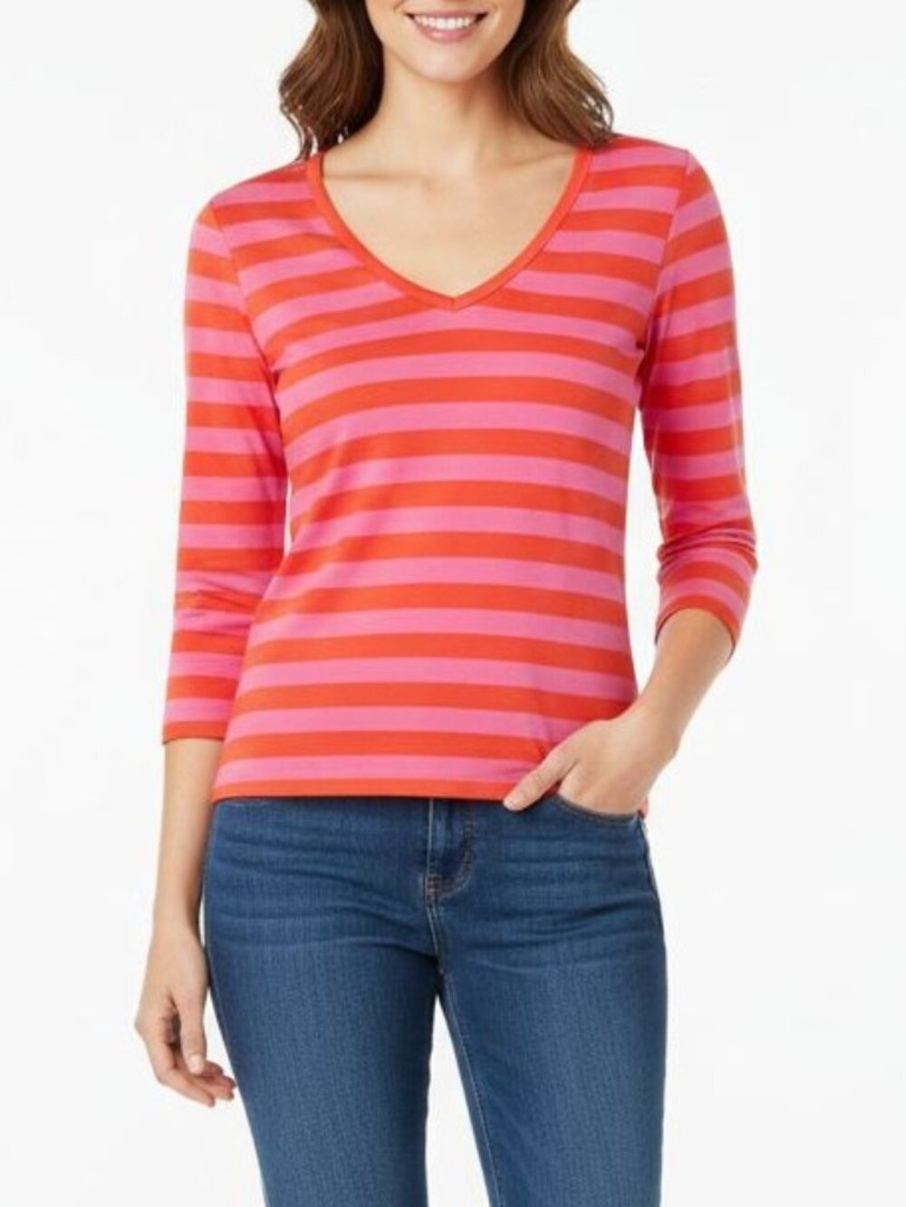 Banana Republic Pink & Red Striped 3/4 Sleeve Top | Size Medium